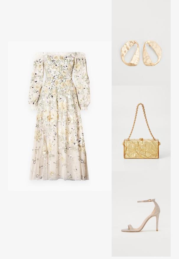 Rochie cu umerii la vedere, cu mâneci lungi din material transparent, decorată cu paiete florale în culori pastelate. Prezintă un corset ajustat și o fustă fluidă.; Sandale cu toc înalt, cu curelușe, de culoare aurie metalizată, având un toc texturat, vârful deschis și curea pe gleznă cu detalii din aur.; Geanta dintr-un material auriu cu o textură șifonată, având o formă rectangulară, dotată cu un sistem de prindere cu lanț și un zăvor în partea de sus. Finisaj neted și strălucitor.; O pereche de cercei din metal de culoare aurie, cu formă ovală neregulată, având o suprafață texturată, ușor ciocănită, pe un fundal alb.