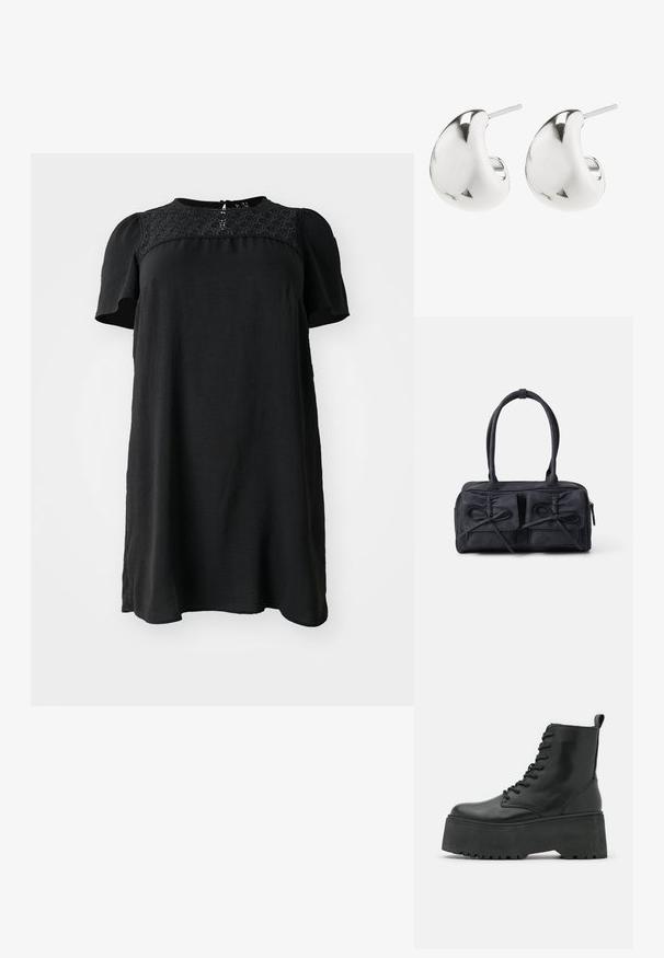 Musta mekko lyhyillä hihoilla, teksturoitu pitsipaneeli kaula-aukon kohdalla, rento malli ja hienovarainen A-linjan muoto. Yksivärinen kangas ilman kuvioita.; Mustat nilkkurit paksulla pohjalla, valmistettu sileästä nahasta, jossa on nauhakiinnitys ja vetotuki takana.; Musta kangaskassi, jossa on kaksi etupocketsia, joissa on nauhat yksityiskohtina, kaksinkertaiset kahvat ja vetoketjukiinnitys. Pehmeä rakenne ja suorakulmainen muoto.; Hopeiset nappikorvakorut, joissa on sileä, kaareva muotoilu. Niissä on kiillotettu pinta ja taustatappi, joka varmistaa turvallisen käytön.