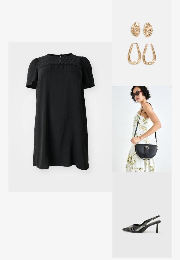 Black dress with short sleeves, textured lace panel at the neckline, relaxed fit, and a subtle A-line shape. Plain fabric with no patterns.; Black patent leather slingback shoe with pointed toe, ankle straps featuring silver buckles and hardware, and a slender heel.; Black leather handbag with a curved shape, detachable strap, and gold hardware. The bag features a flap with a buckle detail.; Gold-tone earrings featuring textured, wavy shapes. Includes sculptural clip-on studs and open hoop design with a hammered finish.