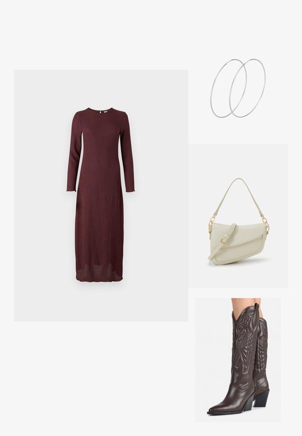 Bordo garšo piedurkņu kleita no teksturēta auduma, ar apaļu dekoltē un taisnu siluetu, kas sasniedz vidus kūlīti.; Brūni ādas kovboju zābaki ar norādītu purngalu un blokveida papēdi, ar detalizētu šūšanu un paceltiem akcentiem uz kājas daļas.; Maza krēmkrāsas rokas soma ar teksturētu apdari, garu regulējamu siksniņu, ķēdes akcentu un vāciņa aizdari. Zelta aparatūras detaļas.; Sudraba gredzenveida auskari ar minimālistisku dizainu. Cirkulāra forma, gluda tekstūra un plāns profils. Vieglu svaru ar spīdīgu apdari.