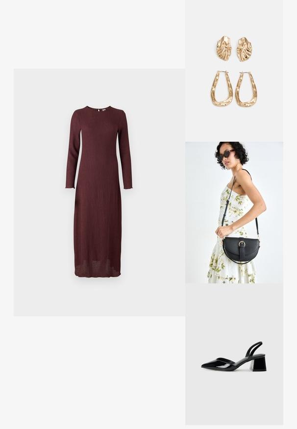 Bordo dolga obleka iz teksturirane tkanine, s krojem okroglega izreza in ravno silhueto, ki sega do sredine meč.; Črne lakirane slingback pete s koničastim nosom in geometrijsko blokasto peto. Imajo eleganten, minimalističen dizajn in gladko teksturo.; Črna usnjena torbica s ukrivljeno obliko, z odstranljivo naramnico in zlatimi dodatki. Torbica ima pokrov s podrobnostmi v obliki zaponke.; Zlato obarvani uhani z teksturiranimi, valovitimi oblikami. Vključujejo skulpturalne sponke za ušesa in odprto obliko obročka s kladivastim finišem.