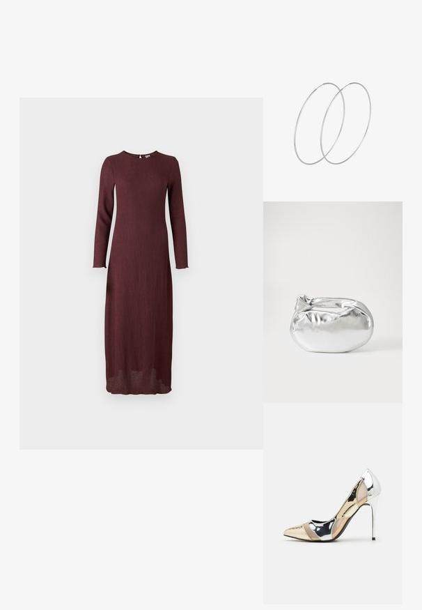 Bordo ilgomis rankovėmis suknelė, pagaminta iš tekstūruoto audinio, su apvaliu iškirpimu ir tiesia siluetu, siekianti vidurinę blauzdos dalį.; Aštrus pirštas aukštakulnis batelis su sidabro, aukso ir nuogų spalvų deriniu. Blizgus paviršius su išpjovos dizainu, su stiletto kulnu.; Sidabrinė metalinė maišelio forma su švelnia, apvalia forma ir mazgu užveriamu viršumi. Pagaminta iš lygios dirbtinės odos medžiagos.; Sidabrinės pusmėnulio auskarai minimalistiniu dizainu. Apskritimo forma, lygus paviršius ir plonas profilis. Lengvi su poliruotu apdailu.