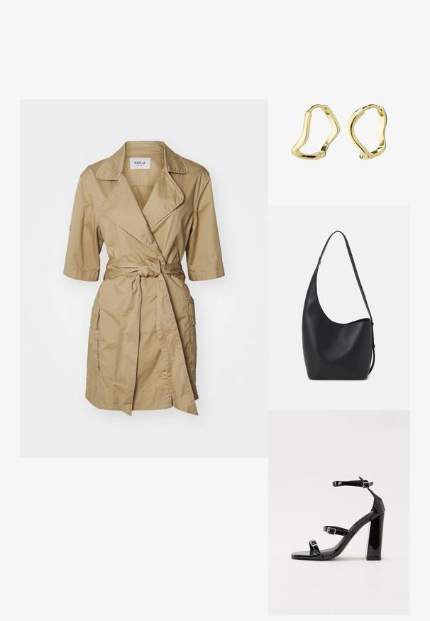 Trench coat color caqui con cintura ajustada, mangas cortas, cuello plegable y bolsillos laterales. Fabricado con un material ligero de textura suave.; Sandalias de tacón de charol negro con punta cuadrada, correas en el tobillo y hebillas plateadas. Presentan un tacón grueso para mayor estabilidad.; Bolso tipo hobo de cuero negro con una textura suave, forma curvada y una sola correa ajustable; presenta una amplia apertura en la parte superior.; Pendientes de aro dorados con un diseño fluido y ondulado. Textura suave, forma abierta y sin sujetadores visibles. Apariencia minimalista y moderna.