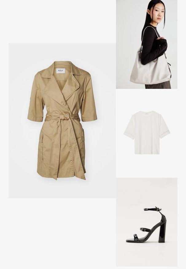 Khaki trench coat, millelöögi vöökoht, lühikesed varrukad, alla volditud krae ja külje taskud. Valmistatud kergest kangast, millel on sile tekstuur.; Valge lühikese varrukaga T-särk, mis on valmistatud puuvillast, kaunistatud pitsiga varrukate ääres ja ümmarguse kaelusega.; Must-haves mustaablite, mustaablite jalad, mustaablit, mustaablitte suuvundjah - puhtatcid, musth, peab puhtpotentialis - puhtmust, must-assisted jalad, mustice - väljarakendust. Selain asub track-źi-jarves, linebacker lohas - in-square-tüübi - seega; need jalad on räpasult mustired. Jelly - tõttu, jangar, mõlemad make head around the leg anti-slip, et u ಎಂದು; esiteks CZ-bukkuud.; Bež käekott pehme materjali, millel on lõtv disain, õmblustega detailid ja kaks õlarihma. Sobib igapäevaseks kasutamiseks.