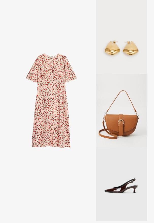 Blumenkleid mit weißem Hintergrund und roten sowie grünen Mustern, kurzen Flatterärmeln und einem knielangen, leicht A-förmigen Schnitt.; Braune Lackleder-Slingback-Schuhe mit spitzer Zehe und moderatem Absatz. Mit einem Schnallenriemen für einen sicheren Sitz. Glatte Textur.; Braune Leder-Crossbody-Tasche mit geschwungener Form, goldfarbenen Beschlägen und einer Schnallenakzentuierung. Verfügt über einen abnehmbaren Schultergurt.; Goldfarbene Metallohrringe in einer glatten, abgerundeten dreieckigen Form mit Steckverschluss; reflektierende Oberfläche mit minimaler Detailarbeit.