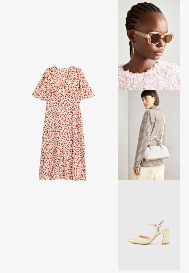 Blomstret kjole med hvid baggrund og røde og grønne mønstre, korte flagrende ærmer og knælængde med en let A-formet silhuet.; Guld metallic hælskande med spids tå, en ankelrem med en cirkulær spænde og design med kraftig hæl. Glat tekstur.; Beige oversized solbriller med en klar ramme og brune tonede linser, med subtile blomstermotiver og et dristigt, geometrisk design.; Hvid struktureret taske med korte håndtag og en skulderrem, prydet med guldfarvede hardwaredetaljer og tekstureret materiale, præsenteret mod en grå baggrund.