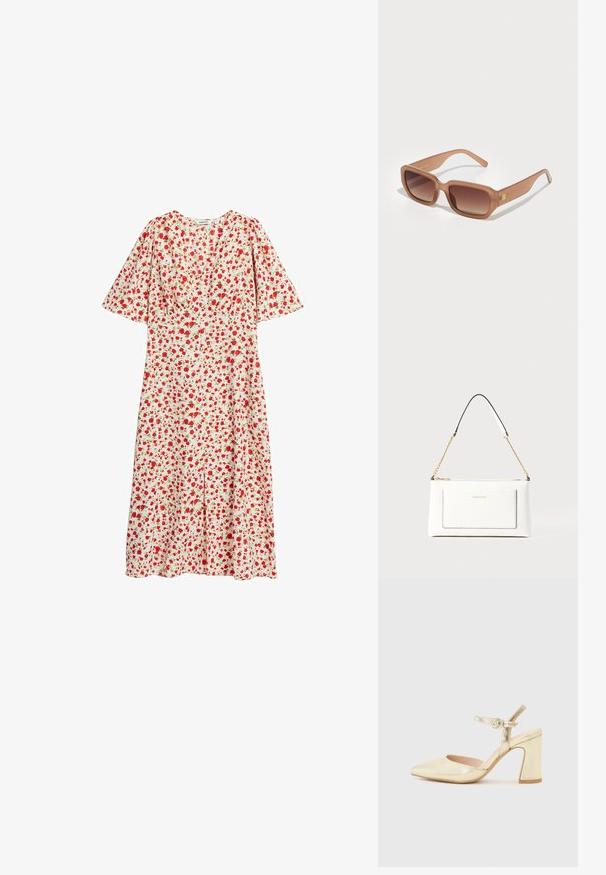 Kwiatowa sukienka z białym tłem i czerwono-zielonymi wzorami, z krótkimi falbankami na rękawach oraz długością do kolan w lekko rozkloszowanym kroju.; Złote metaliczne buty na obcasie z wąskim noskiem, paskiem wokół kostki z okrągłym zapięciem oraz masywnym obcasem. Gładka tekstura.; Brązowe prostokątne okulary przeciwsłoneczne z gradientowymi soczewkami, grubymi ramkami i detalem z logo z boku. Gładki materiał plastikowy, minimalny design.; Biała skórzana torebka o teksturowanym wykończeniu, z złotą łańcuszkową rączką i czarnymi akcentami. Zawiera przednią kieszeń oraz zamek błyskawiczny.