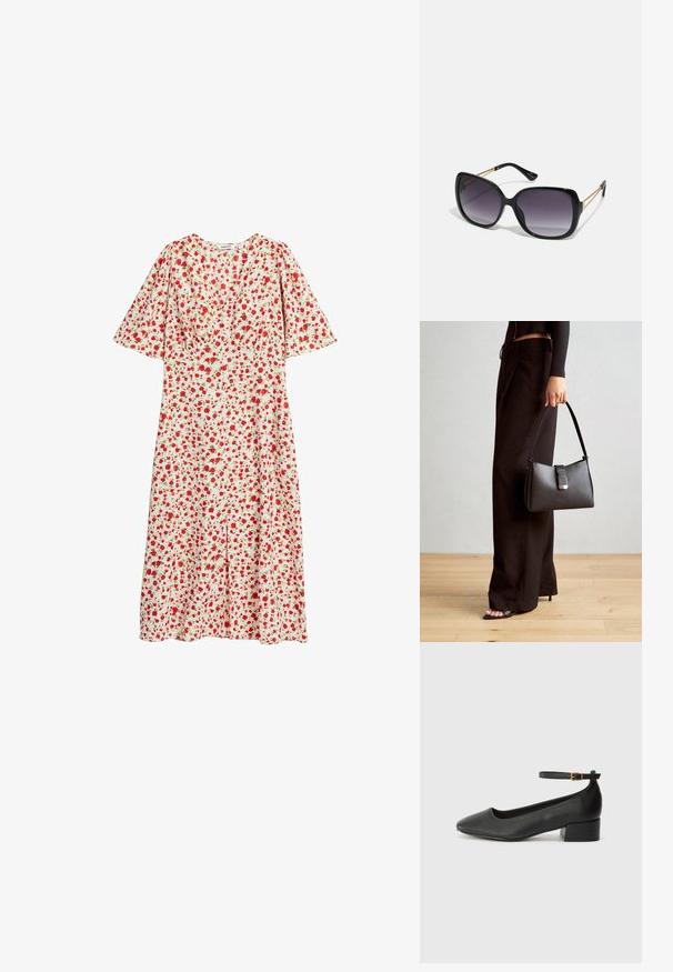 Robe florale avec un fond blanc et des motifs rouges et verts, manches courtes à volants et une coupe au genou légèrement évasée.; Escarpin en cuir noir avec un bout pointu et un petit talon bloc. Doté d'une bride de cheville avec une boucle dorée. Texture lisse.; Lunettes de soleil noires surdimensionnées avec des verres dégradés, monture épaisse et détails en chaîne dorée sur les branches.; Sac à main noir à la forme structurée, texture lisse et fermoir métallique. Associé à un pantalon noir ample et des sandales ouvertes sur un sol en bois.
