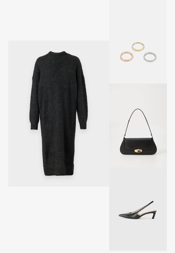 Dolga črna pulover obleka iz puhaste tkanine z visokim ovratnikom, spuščeni rameni in dolgimi rokavi. Ima raven silhueto in stranske razpoke.; Črne čevlje s koničastimi nosovi in slingback obliko z nizko peto, izdelane iz gladke usnjene materiale ter s črtasto zasnovo na strani za prezračevanje.; Črna usnjena torba s ukrivljeno zasnovo, z zlatimi dodatki in zgornjim ročajem. Ima eleganten zapirni mehanizem in gladko teksturo.; Trije kovinski prstani: eden rožnato zlati, eden zlat z teksturiranimi detajli in eden srebrn, vsi z vgraviranim logotipom na notranji strani.
