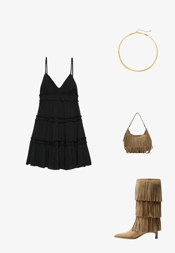 Vestito camisole nero a strati con spalline sottili, caratterizzato da un décolleté a V, vita arricciata e strati volant per texture.; Stivale alla caviglia in suede color ocra con tre strati di frange. Punta affusolata e tacco basso a blocco. Texture liscia su tutta la superficie.; Borsa a tracolla in suede marrone con lunghi dettagli in frange, forma curva e una singola tracolla. Presenta una superficie liscia e testurizzata.; Collana choker in rete dorata con un design piatto e flessibile. Presenta un'estensione a catena per una lunghezza regolabile. Texture liscia, look minimalista.