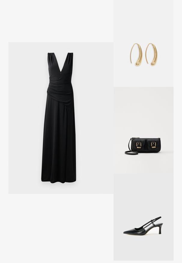 Schwarzes ärmelloses Maxikleid mit tiefem V-Ausschnitt, gerafften Schultern und drapierter Seitendetail für eine elegante Silhouette. Hergestellt aus glattem, dehnbarem Stoff.; Schwarze Lack-Slingback-Pumps mit spitzem Zehenbereich, versehen mit strukturiertem Schlangenprint, verstellbarem Riemen und einem kurzen, strukturierten Blockabsatz.; Schwarze Leder-Umhängetasche mit zwei vorderen Taschen, goldenen Schnallen, Reißverschluss und einem schmalen Tragegurt. Texturierte Oberfläche und kompakte rechteckige Form.; Goldfarbene Metall-Hoops mit einer geschwungenen, länglichen Form. Sie verfügen über eine glatte, glänzende Oberfläche und eine abgerundete Spitze für zusätzliche Details.