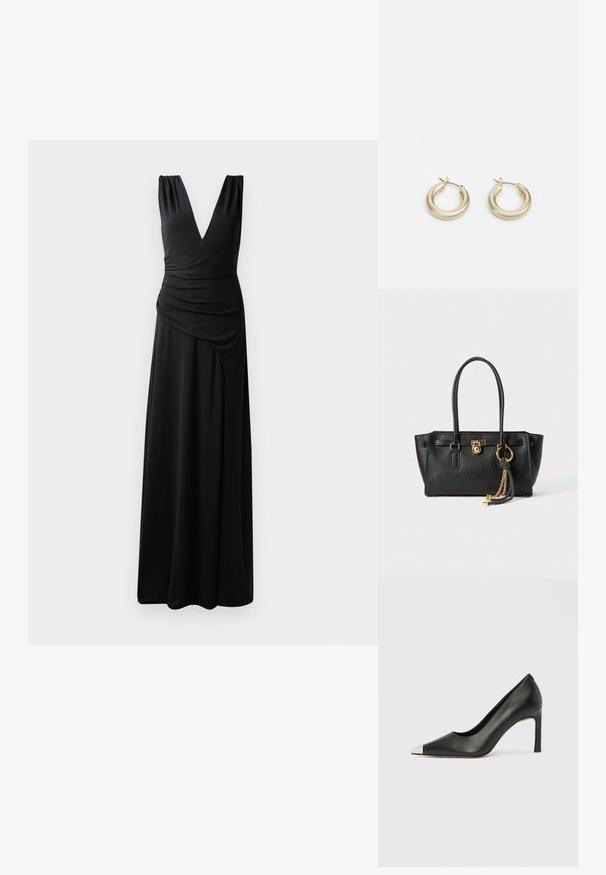 Black sleeveless maxi dress with a deep V-neck, gathered shoulders, and draped side detail for an elegant silhouette. Made from smooth, stretch fabric.; Black leather high heel shoe with a pointed toe and a metallic silver cap. Features a smooth finish and a slender 10 cm heel.; Black leather handbag with double handles, gold lock and chain detail, and black-and-white tassel accessory against white background.; Lauren Ralph Lauren BASIC SMALL HOOP - Earrings - gold-coloured