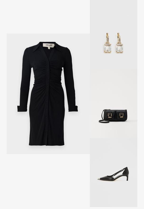 Musta pikkade varrukatega kleit, millel on kraega kaelus, kortsunud rinnaosa ja nööpide ette, valminud pehmest kangast, millel on struktureeritud varrukad ja mansetid.; Mustast nahast kassikontsaga king, millel on terava kujuga hõbedane nina ja topeltsõlmedega rihmad, valgel taustal.; Must küllastamata nahast õlakott, millel on kaks esist nähtavat taskut, kuldsed pandlad, tõmblukuga sulgemine ja peen rihm. Tekstuuriga pind ja kompaktne ristkülikukujuline kuju.; Kuldtooni kõrvarõngad, millel on ristkülikukujuline, selge kristall, mis ripub allapoole väikeste ümmarguste selgete aktsentide rida. Viimistletud, kaasaegne disain.