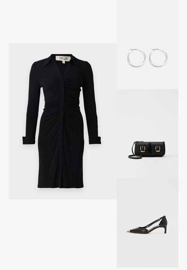 Juodas ilgas rankovės suknelė su apykakle, raukšlėta liemenimi ir mygtukų priekyje, pagaminta iš minkštos medžiagos su standžiais rankovėmis ir rankogaliais.; Juodos odos bateliai su žemu kulniuku, smailiu sidabro spalvos pirštinės gaubtu ir dvigubais dirželiais, ant balto fono.; Juodas odinis per petį nešiojamas krepšys su dviem priekiniais kišenėmis, auksiniais sagtimis, užtrauktuko uždarymu ir siauromis petnešomis. Textūruota paviršius ir kompaktiškas stačiakampis formatas.; Sidabriniai žiedo auskarai turi lygią, suapvalintą formą, ploną profilį ir saugų užsegimą. Minimalistinis stilius su blizgiu apdaila.