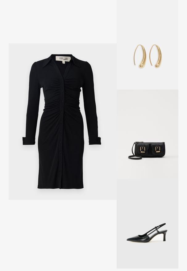 Mustassa pitkähihaisessa mekossa on kauluksessa, rypytetty vartalo ja napitus edessä, valmistettu pehmeästä kankaasta, joka on rakenteellisesti suunniteltu hihojen ja hihansuiden osalta.; Musta patent slingback-kiilakorko teräväkärkisellä muotoilulla, jossa on teksturoitu käärmeennahkakuosi, säädettävä remmi ja lyhyt, teksturoitu blokkiheel.; Musta nahkainen olkalaukku, jossa on kaksi etutaskua, kultaiset soljet, vetoketjukiinnitys ja kapea hihna. Teksturoidun pinnan ja kompaktin suorakaiteen muoto.; Korvakorut kultasävytteistä metallista, joissa on kaareva, pitkänomainen muoto. Ominaisuuksiin kuuluu sileä, kiiltävä pinta ja pyöreä kärki lisäyksinä.