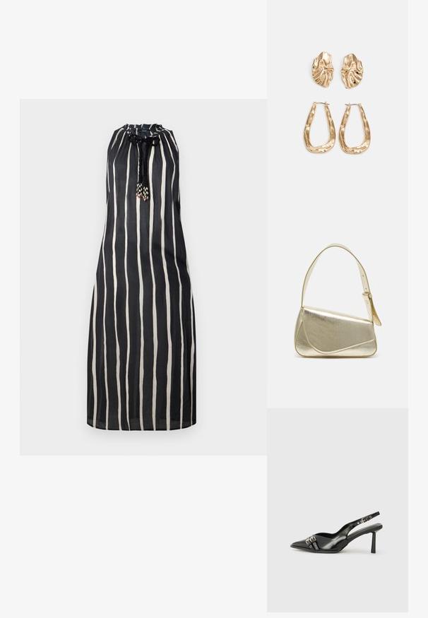 Mustat ilmanhihaiset mekko, jossa on pystysuorat valkoiset raidat ja punottu naru helmikoristeilla kerättyä kaula-aukkoa varten.; Musta patenttinen nahkainen slingback-kengät, joissa on terävä nenä, nilkkahihnat hopeisilla soljilla ja varusteilla sekä hoikka korko.; Kultainen metallinen käsilaukku, jossa on jämäkkä muotoilu, sileä pinta ja säädettävä olkahihna. Sisältää ainutlaatuisen kolmiomaisen muodon ja minimalistisen tikkaustyylin.; Korukultainen korvakorut, joissa on teksturoituja, aaltoilevia muotoja. Mukana on veistokselliset klipsikorvakorut ja avoin rengasmalli, jossa on vasaroitu pinta.
