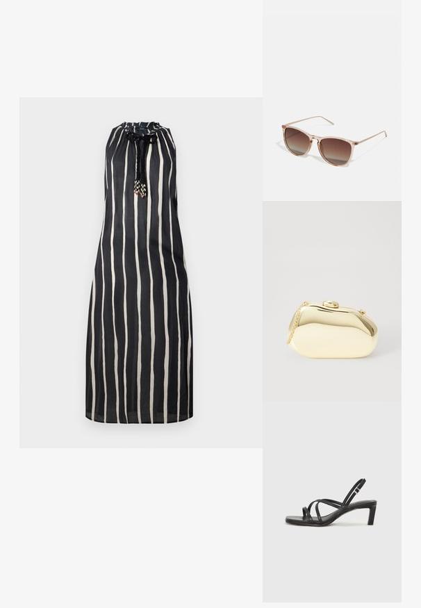 Černé šaty bez rukávů s vertikálními bílými pruhy a splétanou šňůrkou s jemnými třásněmi na shromážděném výstřihu.; Černé sandály na tenkém podpatku se čtveratou špičkou a nízkým blokovým podpatkem. Mají několik tenkých popruhů a nastavitelné zapínání okolo kotníku. Vyrobeny z hladké kůže.; Hnědé sluneční brýle s gradientem, s průhledným růžovým rámem, čtvercovým tvarem a tenkými kovovými nohami. Charakterizovány zaoblenými hranami a minimálním zdobením.; Metalická zlatá kabelka s hladkým, zaobleným tvarem, opatřená horním zapínáním na knoflík a malým řetízkovým popruhem pro nošení.