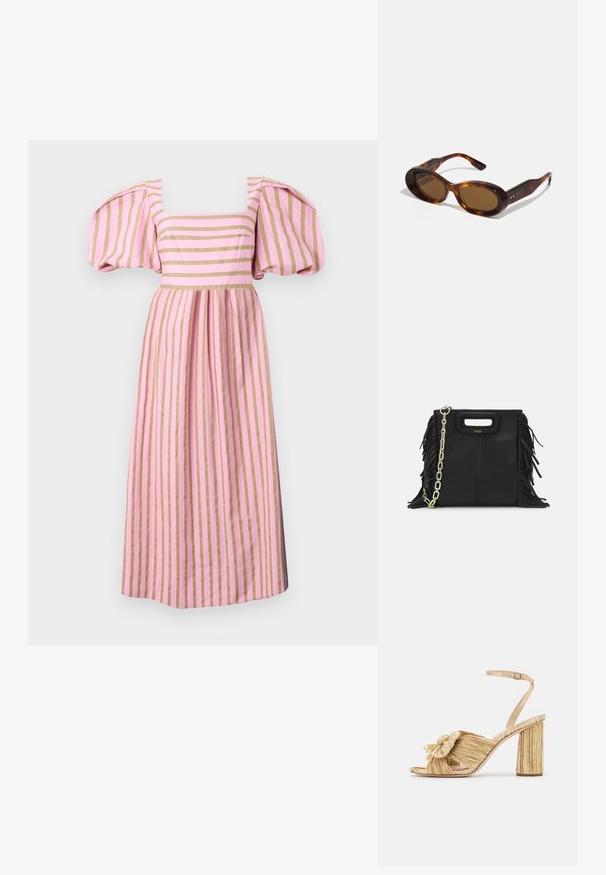 Stripet midi-kjole med firkantet utrigning og puffermer. Grunnfarge rosa med gullstriper, laget av et glatt stoff, flytende silhuett.; Gullfargede sandaler med hæl, knute foran, plissert tekstur og ankelreim. Blokkhælen har et ribbet design som forbedrer grepet.; Skilpaddeskall solbriller med ovale linser, brun nyanse og gullakenter på armene. Tykk ramme med blank finish og jevn tekstur.; Svart læderhåndtaske med frynsedetaljer, guldkæde skulderrem og udskåret håndtag. Har logo placeret på forsiden.