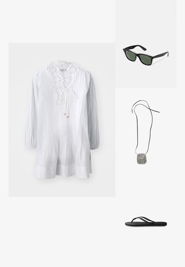 Blusa bianca con colletto in pizzo decorativo, maniche lunghe a sbuffo e righe verticali. Include una chiusura a cravatta e sottili dettagli dorati.; Infradito neri con suola in gomma testurizzata, due cinghie sottili e un sottile dettaglio del logo impresso sulla cinghia.; Occhiali da sole in plastica nera con lenti verdi, montatura quadrata, dettaglio argento sulla parte superiore e steli con texture. Marchio indicato sulla parte interna dello stelo.; Collana con pendente che presenta un pendente quadrato in argento metallico texturizzato su un cordino nero. I dettagli notevoli includono motivi intricati e una finitura liscia.