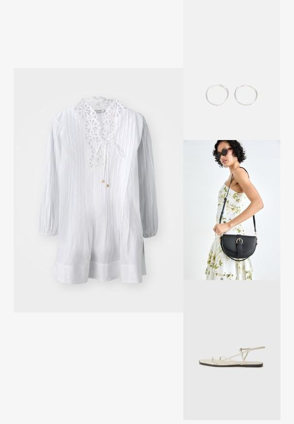 Weiße Bluse mit dekorativem Spitzenkragen, langen Puffärmel und vertikalen Streifen. Verfügt über einen Bindebandverschluss und subtile goldene Akzente.; Beige flache Sandale mit mehreren schlanken Riemen und einer verstellbaren Schnalle. Die Sohle ist flach und hat einen leichten dunklen Kontrast am Rand.; Schwarze Lederhandtasche mit geschwungener Form, abnehmbarem Tragegurt und goldenen Beschlägen. Die Tasche verfügt über einen Deckel mit einer Schnallen-Details.; Silberne Creolen mit einem schlanken, runden Design, das eine glatte Oberfläche und keine sichtbaren Verzierungen aufweist. Durchmesser nicht angegeben.