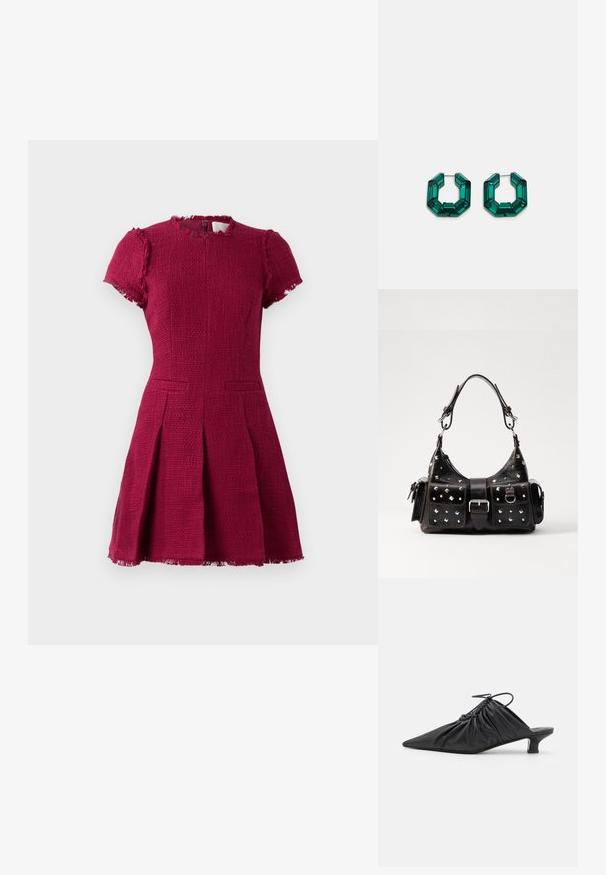 Bordeauxfarbiges Kleid mit kurzen Ärmeln, strukturiertem Stoff, rundem Ausschnitt und fransigem Saum. Verfügt über zwei Fronttaschen und ein plissiertes Rockdesign.; Schwarze Leder-Mules zum Hineinschlüpfen mit spitzer Zehe, geraffter Textur und kleinem Kitten-Heel. Verfügt über ein Zugbanddetail am Öffnung.; Schwarze Lederhandtasche mit Nietenakzenten, rechteckiger Form, zwei Vordertaschen und einem gebogenen Tragriemen. Details mit Schnallen- und Druckknopfverschluss.; Grüne, akrylierte Creolen in oktagonaler Form mit facettierten Kanten, ausgestattet mit einem metallischen Verschluss zur Sicherung.