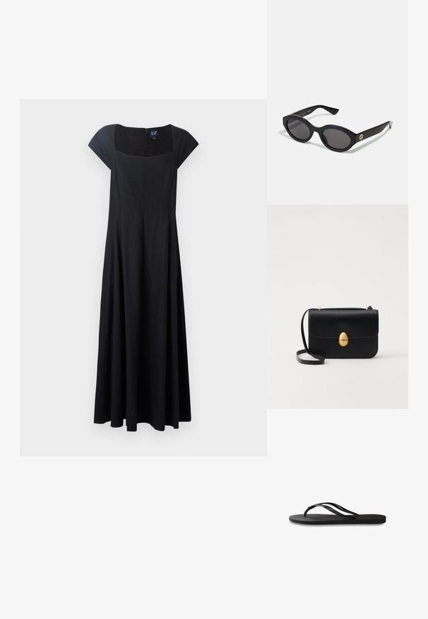 Melnas bez piedurknēm kleita ar pieguļošu korpusu, izplestu svārku un kvadrātveida izgriezumu. Audums izskatās gluds, ar rāvējslēdzēju aizmugurē.; Melni čības ar teksturētu gumijas zoli, divām plānām siksniņām un smalku, iespiedotu logotipa detaļu uz siksniņas.; Melnas ovālās saulesbrilles ar tumšiem stikliem un spīdīgu plastmasas rāmi. Iezīmētas ar zelta logo uz tempļa, nodrošinot elegantu un modernu dizainu.; Melnas ādas rokassomu ar strukturētu taisnstūra formu. Iespējas zelta ovāla slēdzis un plāns plecu siksna. Gluda tekstūra.