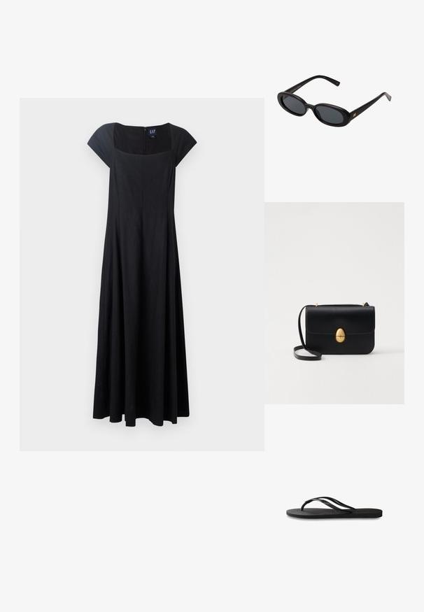 Čierne bezrukávové šaty s priliehavým korzetom, rozšírenou sukňou a štvorecovým výstrihom. Tkanina vyzerá hladko a má zips na zadnej strane.; Čierne žabky s textúrovanou gumovou podrážkou, dvoma štíhlymi popruhmi a diskrétnym embosovaným logom na popruhu.; Čierne oversized slnečné okuliare s oválnymi šošovkami, hladkým plastovým rámom a zlatými akcentmi na straniciach. Tmavé šošovky poskytujú ochranu pred slnkom.; Čierna kožená kabelka so štruktúrovaným obdĺžnikovým tvarom. Obsahuje zlaté oválne zapínanie a tenký ramenný popruh. Hladká textura.