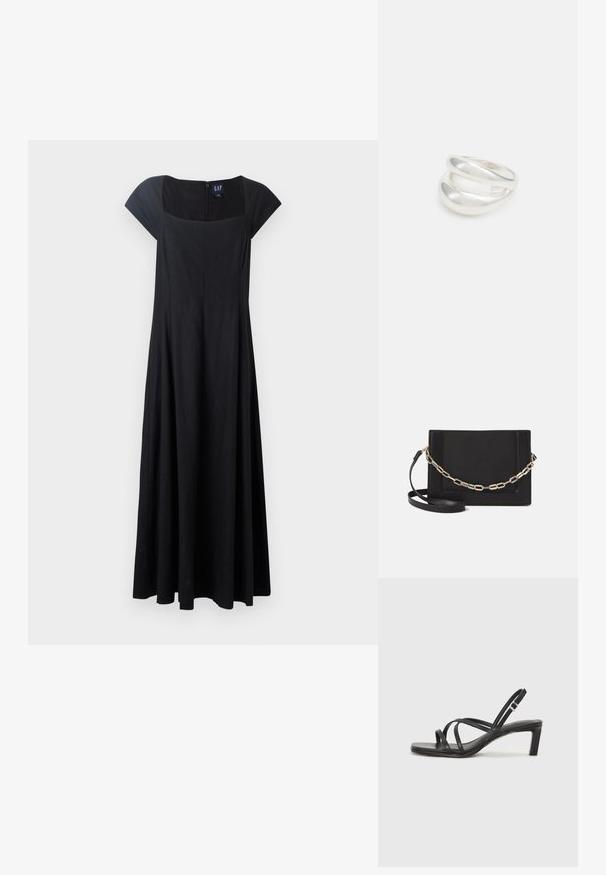 Melnas bez piedurknēm kleita ar pieguļošu korpusu, izplestu svārku un kvadrātveida izgriezumu. Audums izskatās gluds, ar rāvējslēdzēju aizmugurē.; Melnas strappy sandales ar kvadrātveida purngaliem un zemu bloku papēdi. Ievērojamas ar vairākiem plāniem siksniņām un regulējamu potītes siksniņu. Izgatavotas no gludas ādas.; Melna ādas crossbody soma ar gludu faktūru, taisnstūrveida formu un metalizētu ķēdes detaļu priekšā. Iekļauta regulējama siksna.; Sudraba divu joslu gredzens ar gludu, pulētu virsmu. Iezīmējas ar plūstošu, izliekta dizaina struktūru ar pārklājošām sekcijām modernam izskatam.