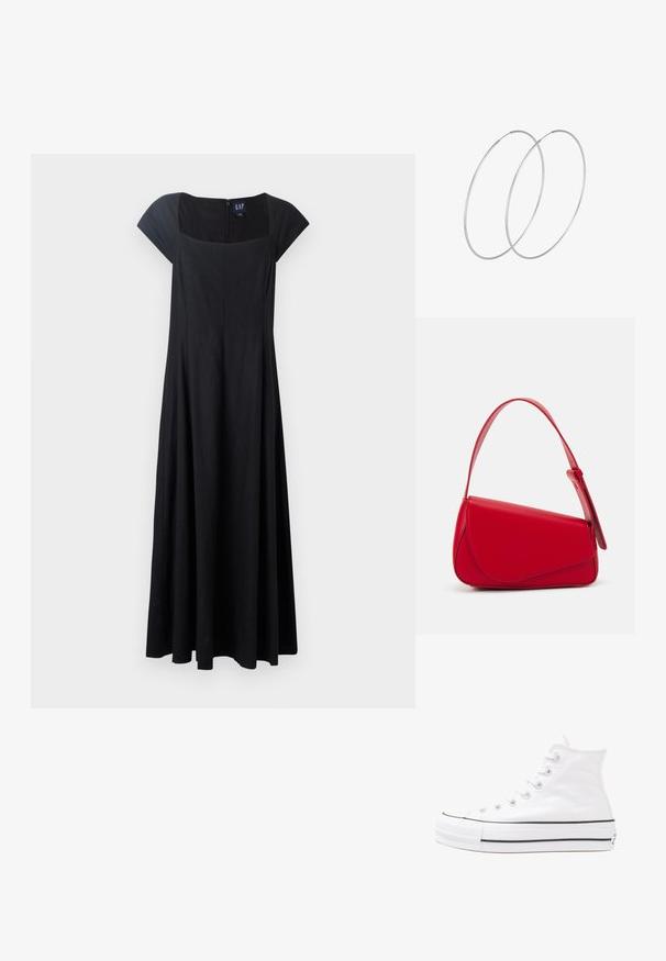 Crna haljina bez rukava s uskim korzetom, raširenom suknjom i kvadratnim izrezom. Tkanina izgleda glatko s patentnim zatvaračem na leđima.; Bijela visoka platnena tenisica s crnom gumenom potplatom, prednjim gumenim zaštitnikom prstiju i šest rupa za vezanje, s čistim, minimalističkim dizajnom.; Crvena kožna torba s kutnim, geometrijskim dizajnom. Ima jedan podesivi remen i preklopni zatvarač sa šivenim detaljima.; Srebrne okrugle naušnice s minimalističkim dizajnom. Kružni oblik, glatka tekstura i tanak profil. Lagane s poliranim završetkom.