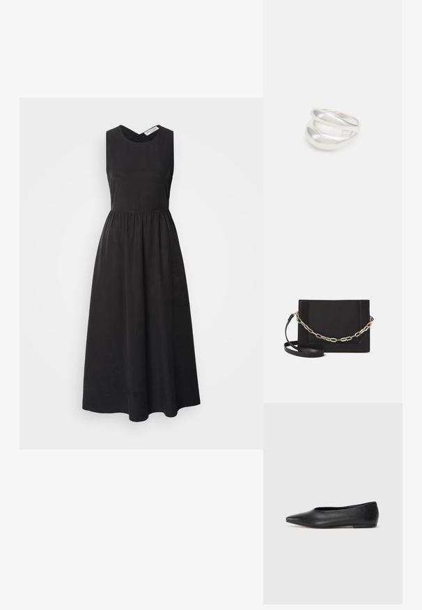 Svart ärmlös klänning med V-formad halsringning, samlad midja och flödande A-linjeformad kjol. Tillverkad av mjukt, lättviktigt material.; Svart läderballetflat, spetsig tå, minimalistisk design, slät textur, låg klack, ingen synlig hårdvara eller utsmyckningar.; Svart läder crossbody-väska med en slät yta, rektangulär form och metallickedjedetalj på framsidan. Justerbar rem ingår.; Silver ring med dubbel band och en slät, polerad yta. Har en flödande, böjd design med överlappande sektioner för en modern stil.