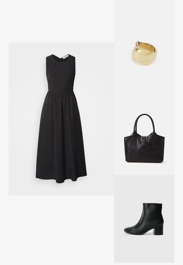 Black sleeveless dress with a v-shaped neckline, gathered waist, and flowing A-line skirt. Made of soft, lightweight fabric.; Black leather ankle boots with a pointed toe and a chunky heel. Smooth texture with minimal accents and a sleek, fitted design.; Black leather tote bag with smooth texture, structured shape, two handles, and a prominent silver buckle detail on the front.; Gold-colored ring with a smooth, twisted design. Features a polished surface and rounded edges, creating a seamless, fluid shape.