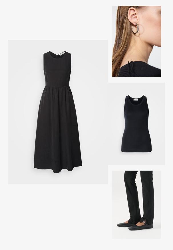 Fekete ujjatlan ruha V-alakú dekoltázzsal, beszegett derékkal és légies A-vonalú szoknyával. Puha, könnyű anyagból készült.; Fekete ujjatlan felső, puha, rugalmas anyagból készült. Kerek nyakkivágással és széles vállpántokkal rendelkezik, testhezálló szabású és sima textúrájú.; Fekete bőr balettcipők hegyes orral, ezüst csattal ellátott pánttal, fekete szabott nadrággal, amelynek hasított szegélye van.; Ez egy ezüst fülbevaló, sima felülettel, amelyen apró arany díszítőelemek találhatók. Kerek formájú és a fülcimpán viselik.