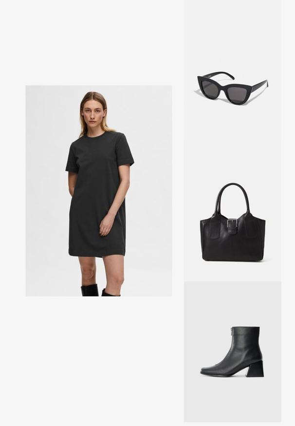 Schwarzes T-Shirt-Kleid aus Baumwolle, mit Rundhalsausschnitt und kurzen Ärmeln, entspanntem Schnitt und glatter Textur.; Schwarze Lederstiefelette mit quadrater Zehenform, seitlichem Reißverschluss und Blockabsatz vor einem schlichten hellen Hintergrund.; Schwarze Cat-Eye-Sonnenbrille mit matter Oberfläche, grauen getönten Gläsern, scharfen Kanten und schlanken Bügeln. Der Markenname ist auf dem inneren Bügel sichtbar.; Schwarze Leder-Tote mit glatter Textur, strukturiertem Design, zwei Griffen und einem auffälligen silbernen Schnallen-Detail auf der Vorderseite.