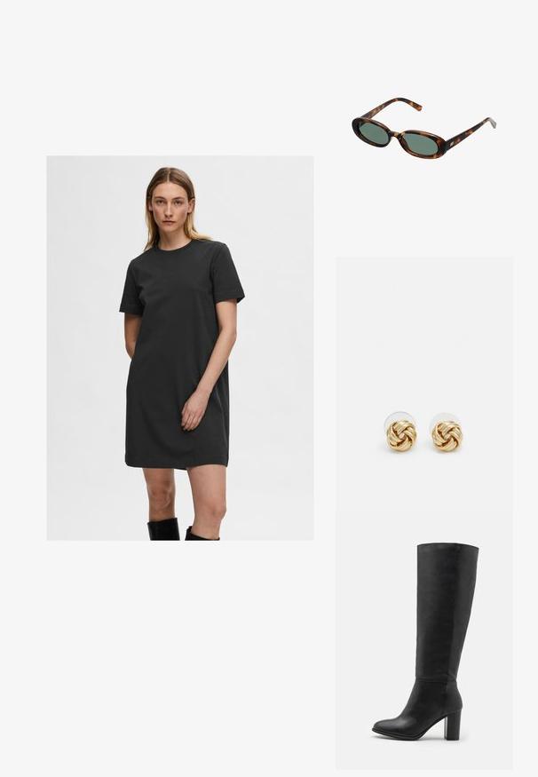 Crna majica haljina od pamuka, s okruglim izrezom i kratkim rukavima, opuštenog kroja i glatke teksture.; Crne čizme do koljena izrađene od glatke kože, s debelim potplatom i zaobljenim prstima. Minimalistički dizajn bez vidljivih dijelova ili ukrasa.; Sunčane naočale u boji kornjače s ovalnim okvirom i zelenim staklima. Imaju tanke ručke s metalnim detaljem blizu šarki.; Naušnice na stud s zlatnim tonom i uvrnutim dizajnom. Svaka naušnica ima okruglu prozirnu podlogu za sigurno nošenje.