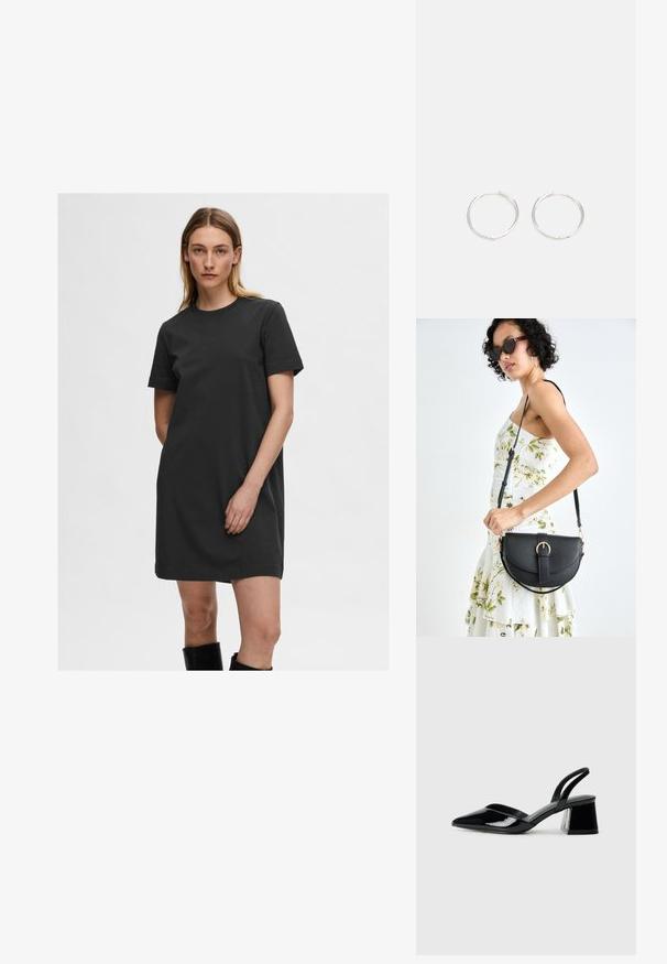 Robe t-shirt noire en coton, avec un col rond et des manches courtes, ayant une coupe décontractée et une texture lisse.; Escarpins en cuir verni noir avec bout pointu et talon bloc géométrique. Présente un design élégant et minimaliste ainsi qu'une texture lisse.; Sac à main en cuir noir avec une forme courbée, bandoulière amovible et des accessoires en or. Le sac est doté d'un rabat avec un détail de boucle.; Boucles d'oreilles en argent avec un design rond et épuré, présentant une surface lisse et sans embellissements visibles. Diamètre non spécifié.