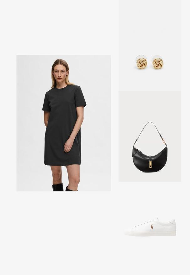 Robe t-shirt noire en coton, avec un col rond et des manches courtes, ayant une coupe décontractée et une texture lisse.; Baskets en cuir blanc, design bas, avec une texture lisse, bout rond, lacets à l'avant et un petit logo brodé sur le côté.; Sac à main en cuir noir en forme de demi-lune. Doté d'un accent en métal doré et d'une sangle étroite. Texture lisse, fermeture éclair sur le dessus.; Boucles d'oreilles avec clou en métal doré et design torsadé. Chaque boucle d'oreille est dotée d'un arrière transparent circulaire pour un port sécurisé.