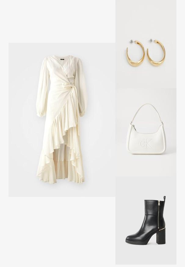 Tejdzsiszton, világos krém színű, hosszú ujjú, fodros aljú ruha. Könnyű, texturált anyagból készült, deréknál megkötővel és V-kivágással.; Fekete bokacsizma sima bőrből, oldalsó cipzárral és textúrált tömbsarkúval. Kényelmes felhúzó kialakítás lekerekített orral.; Fehér bőrtáska ívelt formájú, elöl feltűnő "CK" logóval, egyetlen vállpánttal. Cipzáras zárás a tetején.; Aranyszínű karika fülbevalók sima, ívelt dizájnnal. Fémből készültek, elegáns kivitelben, és tűzáras zárással rendelkeznek.