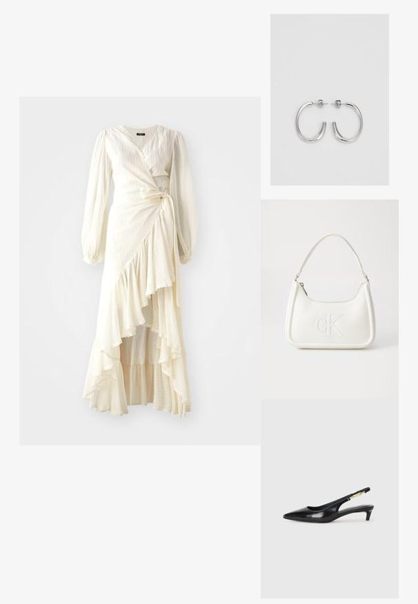 Rochie încrețită de culoare crem, cu mâneci lungi și tiv ondulat. Fabricată dintr-un material ușor, texturat, cu un cordon la talie și decolteu în V.; Sandale slingback din piele neagră cu vârf ascuțit, având un toc subțire și un accent de culoare aurie pe curea ajustabilă. Textură netedă.; Geantă de umăr din piele albă cu formă curbată, având un logo "CK" embosat pe partea din față și un singur braț de umăr. Închidere cu fermoar în partea de sus.; Cercei rotunzi din argint cu un finisaj neted și strălucitor. Design ușor, având o formă rotundă și închidere cu tijă.