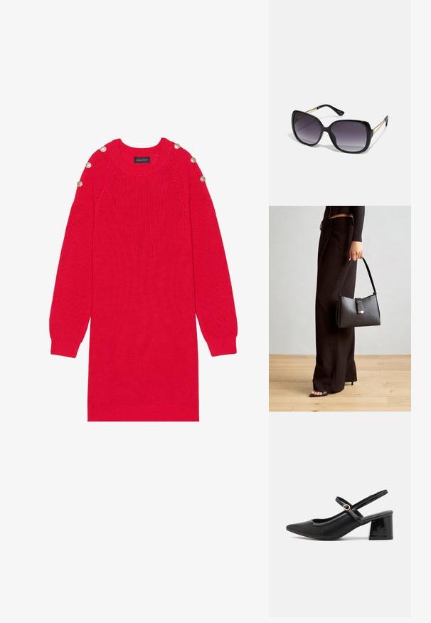 Abito maglione rosso a maglia con maniche lunghe, polsini a coste e bottoni sulle spalle. Caratterizzato da un colletto rotondo e una vestibilità morbida.; Décolleté in vernice nera con cinturino dietro, punta affusolata, design con ritagli arrotondati e tacco a blocco. Presenta un accento di fibbia tono oro.; Occhiali da sole neri oversize con lenti sfumate, montatura spessa e dettagli in catena dorata sulle astine.; Borsa nera con forma strutturata, texture liscia e una chiusura metallica. Abbinata a pantaloni neri larghi e sandali open-toe su un pavimento in legno.