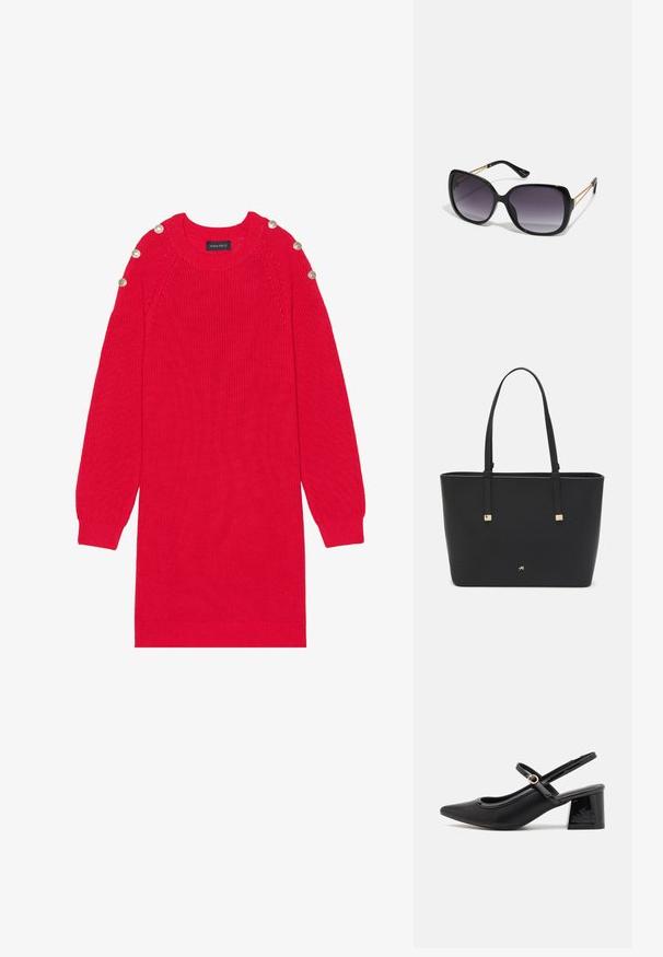 Rode gebreide jurk met lange mouwen, geribbelde manchetten en knopen op de schouders. Heeft een ronde hals en een ontspannen pasvorm.; Zwarte gepolijste leren slingback hakken met een spitse neus, een ronde uitsnede en een blokhak. Voorzien van een gouden gespaccent.; Zwarte oversized zonnebril met gradient glazen, dikke montuur en gouden kettingdetails op de pootjes.; Zwarte tote bag van synthetisch materiaal, met een eenvoudig rechthoekig ontwerp, gouden vierkante accenten en dubbele handvatten.