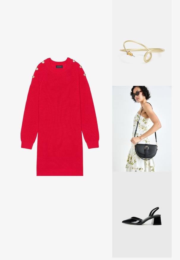 Punane kudum dress koos pikkade varrukatega, soonikkoes mansetid ja õlavarre nupud. Omab ümmargust kaela ja lõdva lõikega.; Mustad musta lakknahk kingad, millel on terav varvas ja geomeetriline plokkkonts. Omab elegantselt minimalistlikku disaini ja sujuvat tekstuuri.; Mustmust mustraha kõverate joontega, eemaldatava rihmaga ja kuldsete detailidega. Kotil on klapp, millel on pandladetail.; Kuldne metallist käevõru, millel on voolav ja kõver disain. Ühel otsal on väike, silmapaistev hõbedane aktsent.