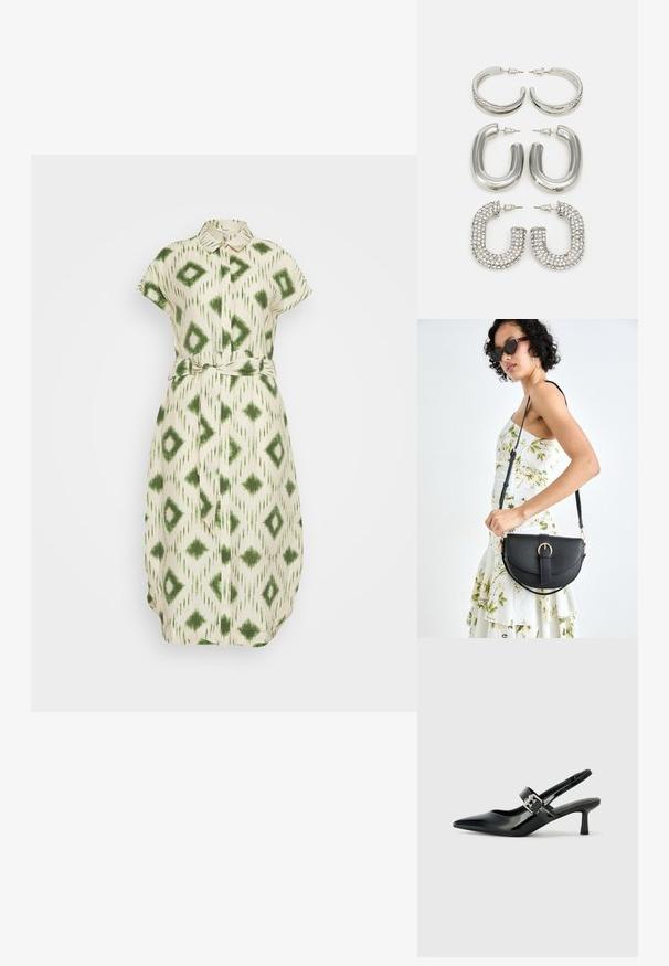 Object OBJBERRY LONG DRESS - Särkkleit - sandshell/peridot; Mustad patenteeritud nahast sildiga kontsad, millel on terav nina ja väike plokk-konts, mille rihmal on hõbedane pandla aksessuaar.; Mustmust mustraha kõverate joontega, eemaldatava rihmaga ja kuldsete detailidega. Kotil on klapp, millel on pandladetail.; Neli hõbedaste kõrvakaunistuste paari: kaks läikivat siledat rõngakujulist disaini, üks tekstuuriga ja üks kaetud väikeste selgete rhinestone'idega.