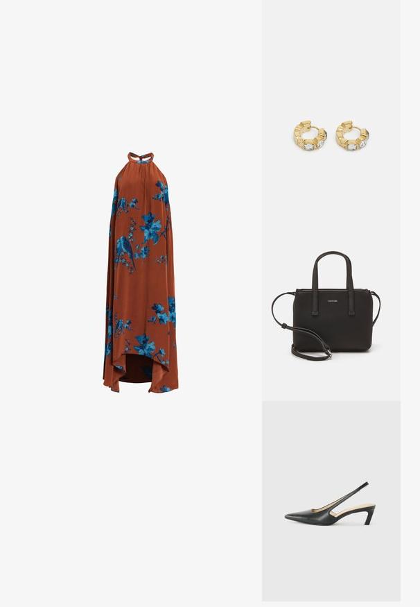 Dlouhá halter šaty vyrobené z lehké tkaniny v barvě spáleného pomeranče, se vzory modrých květin a ptáků, s asymetrickým lemem.; Černý špičatý slingback s nízkým podpatkem, vyrobený z hladké kůže, s výřezem na boku pro lepší prodyšnost.; Černá kabelka s dvojitými krátkými uchy a odnímatelným ramenním popruhem. Hladký koženkový materiál s uzávěrem na zip a detailem loga.; Zlaté kruhové náušnice s texturovaným designem a třemi jasnými krystalovými akcenty na jedné straně, které nabízejí moderní geometrickou estetiku.
