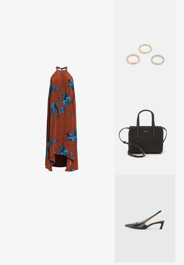 Duga halter haljina od lagane tkanine u boji izgorjele naranče, s plavim cvjetnim i ptičjim uzorcima, te visokim i niskim rubom.; Crne cipele s izduženim vrhom i remenom oko pete, s niskom petom, izrađene od glatke kože i s izrezbarenom stranom radi prozračnosti.; Crna torba s dva kratka ručka i uklonjivom naramenicom. Glatki materijal nalik koži s zatvaračem na zatvaranje i detaljem s logom.; Tri metalne prstenove: jedan od rose zlata, jedan od zlata s teksturiranim akcentima i jedan od srebra, svi s ugraviranim logotipom na unutarnjoj strani.