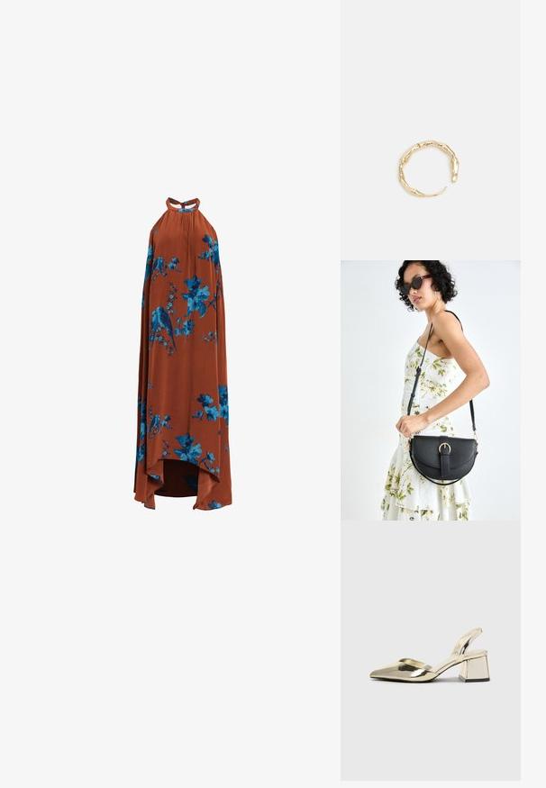 Pitkä haalari mekko kevyestä kankaasta poltetuissa oranssissa, jossa on sinisiä kukka- ja lintukuvioita, korkealla ja matalalla helmalla.; Kultaiset, metalliset slingback-kengät, joissa on teräväkärkiset ja paksut korot. Sileä pinta, minimalistinen muotoilu ja kapea hihna.; Musta nahkainen käsilaukku, joka on kaareva muotoilultaan, irrotettavalla hihnalla ja kultaisilla yksityiskohdilla. Laukussa on läppä, jossa on solk yksityiskohta.; Kultaketju, jossa on orgaaninen, kierretty muotoilu, sileä pinta ja cappatut päät, luoden modernin, veistoksellisen ilmeen.