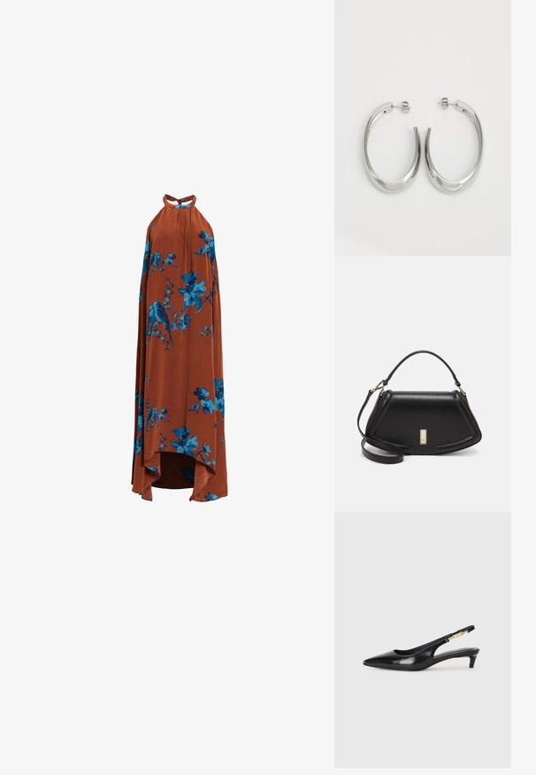 Langes Halterkleid aus leichtem Stoff in verbranntem Orange, mit blauem Blumen- und Vogelmuster, ausgestattet mit einem High-Low-Saum.; Schwarze Leder-Slingback-Pumps mit spitzem Schuhblatt, ausgestattet mit einem schlanken Absatz und einem goldfarbigen Akzent am verstellbaren Riemen. Glatte Textur.; Schwarze Lederhandtasche mit einem strukturierten Design, das eine verkürzte Form, einen oberen Griff und goldfarbene Hardware-Details aufweist. Verstellbarer Schulterriemen ist enthalten.; Silberne Creolen mit einem glatten, geschwungenen Design. Mit einem glänzenden metallischen Finish und Steckverschluss. Keine sichtbaren Muster oder Akzente.