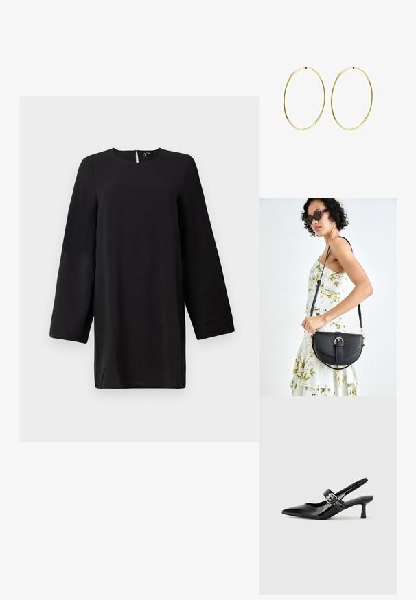 Črni tunika z dolgimi rokavi in okroglim izrezom, ravnega kroja in z detajlom v obliki ključavnice na hrbtni strani. Tekstilirana tkanina dodaja vizualno zanimivost.; Črne patent usnjene slingback pete s koničastim nosom in majhnim blok peto, ki vključujejo srebrno zaponko na traku.; Črna usnjena torbica s ukrivljeno obliko, z odstranljivo naramnico in zlatimi dodatki. Torbica ima pokrov s podrobnostmi v obliki zaponke.; Zlate obroče za ušesa z gladkim, zaobljenim dizajnom. Tanki in lahki, z neprekinjenim krogom brez okrasnih elementov.