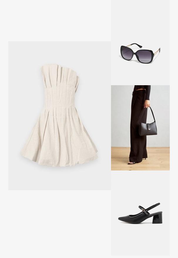 Pánt nélküli, világos bézs ruha, texturált anyagból készült, számos függőleges redővel és bővülő szoknyával.; Fekete lakk bőr, pántos magassarkú cipő, hegyes orral, lekerekített kivágással és tömbsarkal. Arany színű csat díszíti.; Fekete, oversize napszemüveg fokozatos árnyalatú lencsékkel, vastag kerettel és arany színű lánc díszítéssel a szárakon.; Fekete kézi táska strukturált formával, sima textúrával és fémből készült záródással. Széles fekete nadrággal és nyitott orrú szandállal párosítva, fából készült padlón.