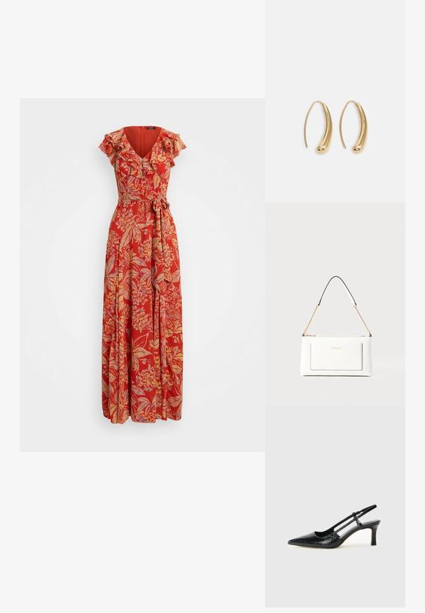 Rochie maxi roșie cu flori, cu decolteu în V, mâneci volan și talie prinsă cu curea. Fabricată din material ușor, cu un design fluid.; Pantofi cu toc slingback negri din patent, cu vârf ascuțit, cu imprimeu de șarpe texturat, curea ajustabilă și toc scurt texturat.; Geantă de mână din piele albă cu un finisaj texturat, având o curea din lanț aurie și accente negre. Include un buzunar frontal și închidere cu fermoar.; Cercei din metal auriu, cu un design curbat și alungit. Au o suprafață netedă și strălucitoare, cu un vârf rotunjit pentru un detaliu suplimentar.