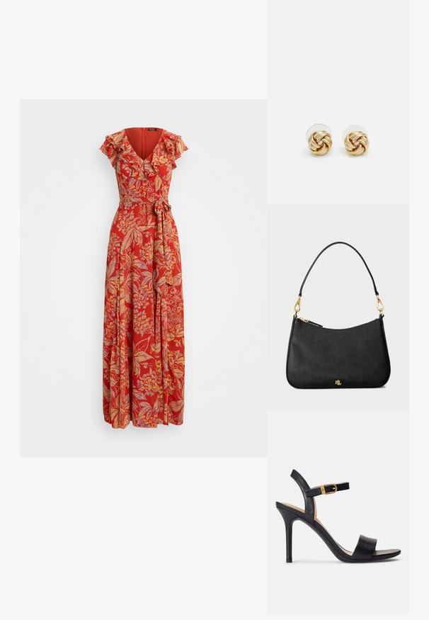 Rdeča cvetna maxi obleka z V-izrezom, naboranimi rokavi in pasom. Narejena iz lahkega materiala z tekočim dizajnom.; Črne sandale z visokimi petami, ki imajo gladek usnjen zgornji del, odprto točko in enostavni trak z zlatim zaponko.; Črna usnjena torbica s strukturiranim dizajnom, ki vključuje zadrgo, nastavljiv trak in zlate dodatke.; Klavirske uhani v zlatem tonu s zvitim dizajnom. Vsak uhán je opremljen s krožno prozorno podlago za zagotavljanje varne nošnje.
